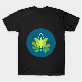 shining lotus floral in lime green on blue T-Shirt